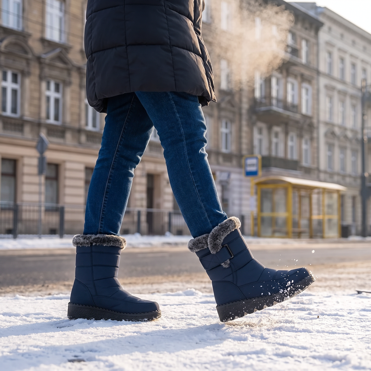 Kobieta w śniegowcach na zaśnieżonym chodniku w mieście