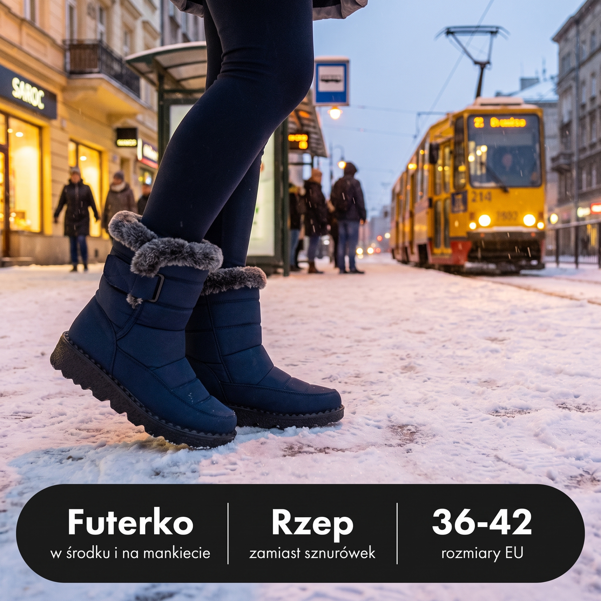 Śniegowce damskie na przystanku tramwajowym zimą