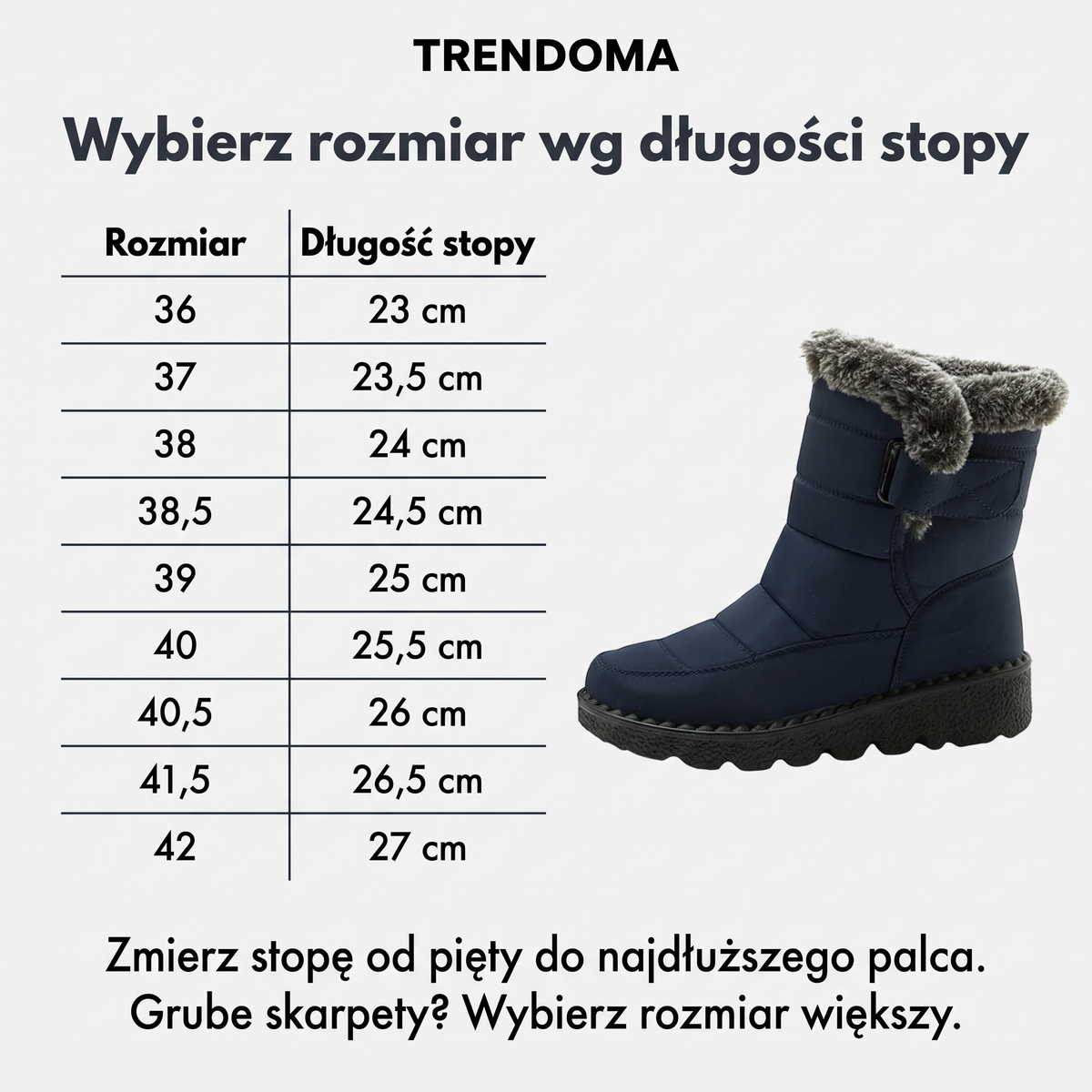 Tabela rozmiarów śniegowców damskich wg długości stopy