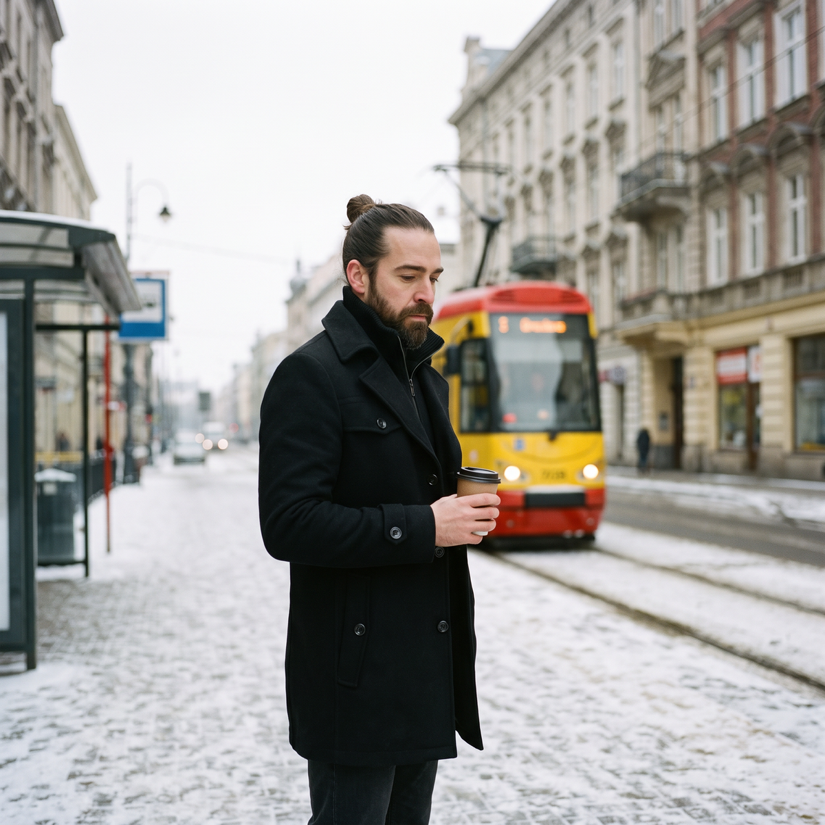 Mężczyzna w płaszczu zimowym na przystanku tramwajowym