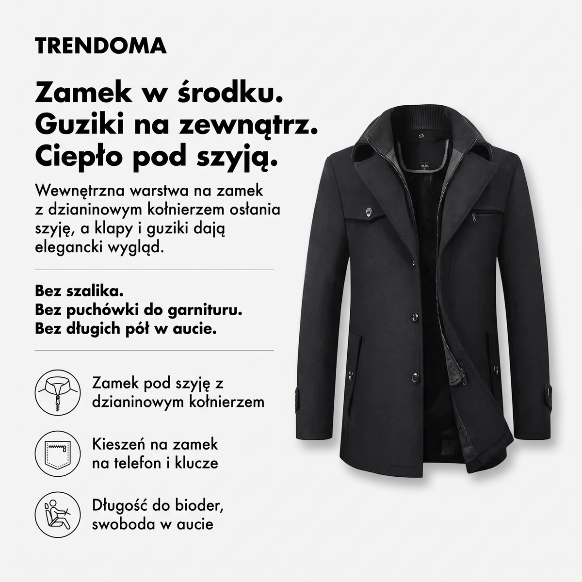 Płaszcz z zamkiem w środku i guzikami na zewnątrz - jak działa