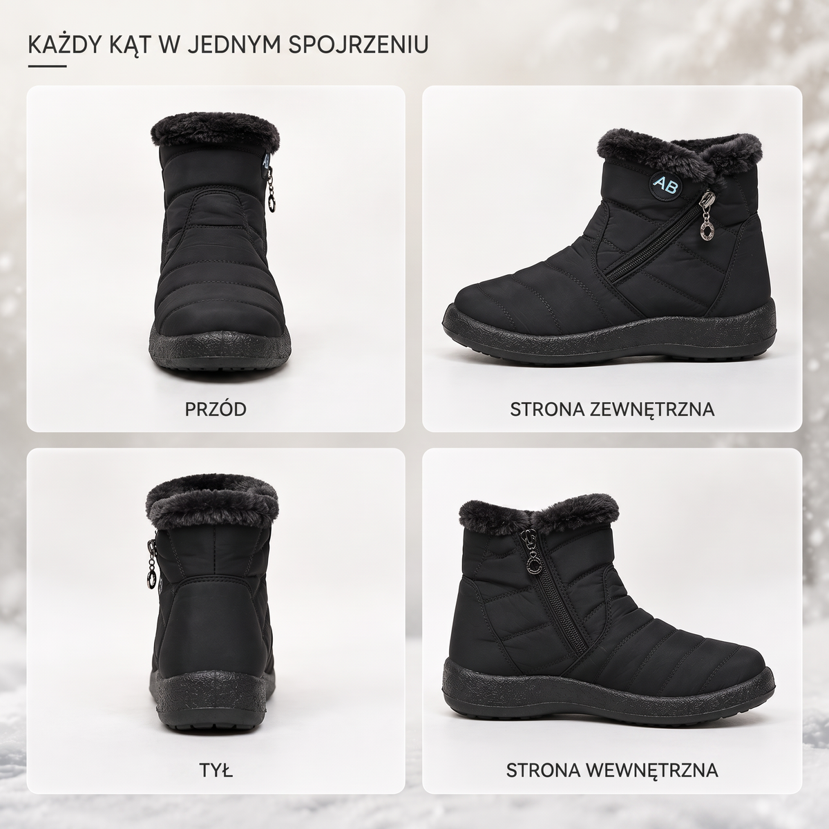 Botki zimowe z każdej strony: przód, bok, tył