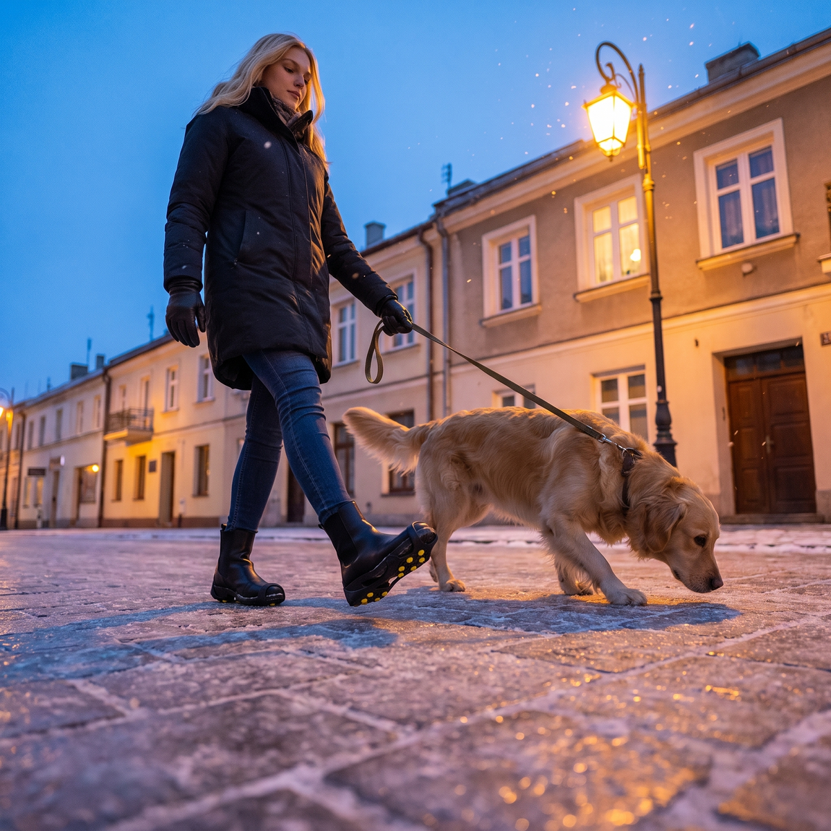 Spacer z psem po oblodzonym chodniku w raczkach