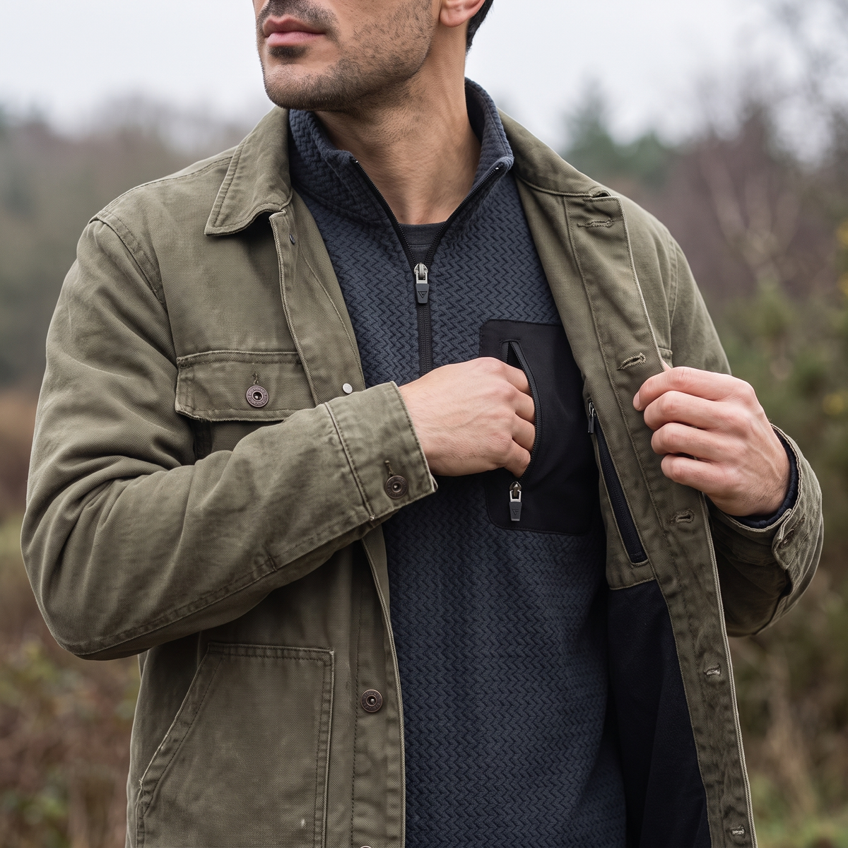 Polar męski w jodełkę – bluza half zip ze stójką - kieszeń na piersi
