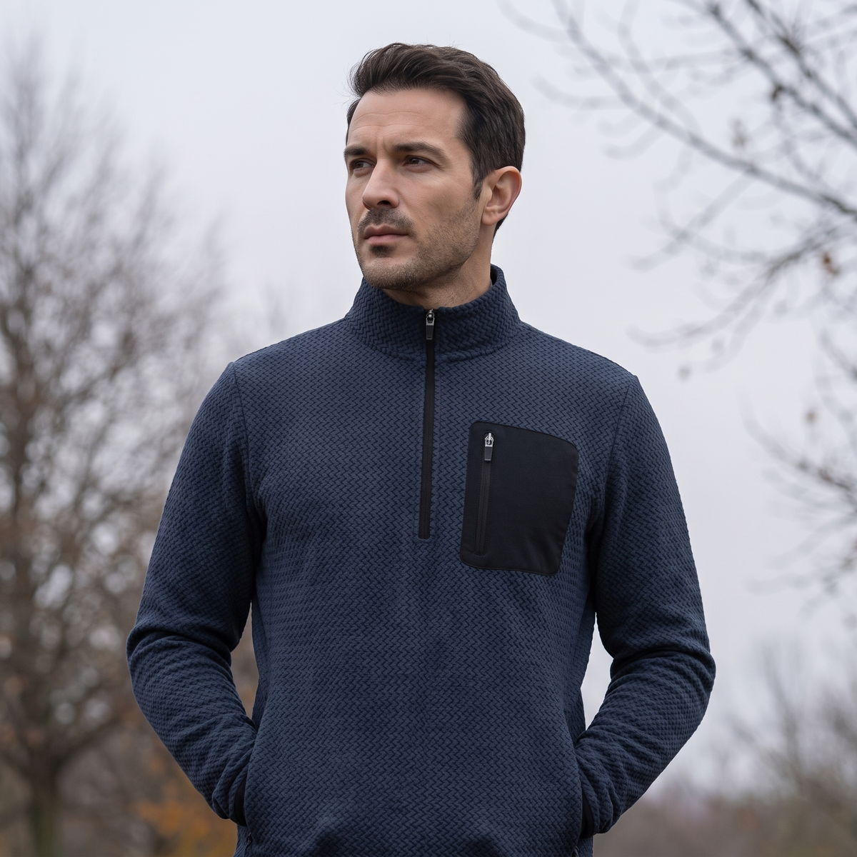 Polar męski w jodełkę – bluza half zip ze stójką - kieszeń na piersi