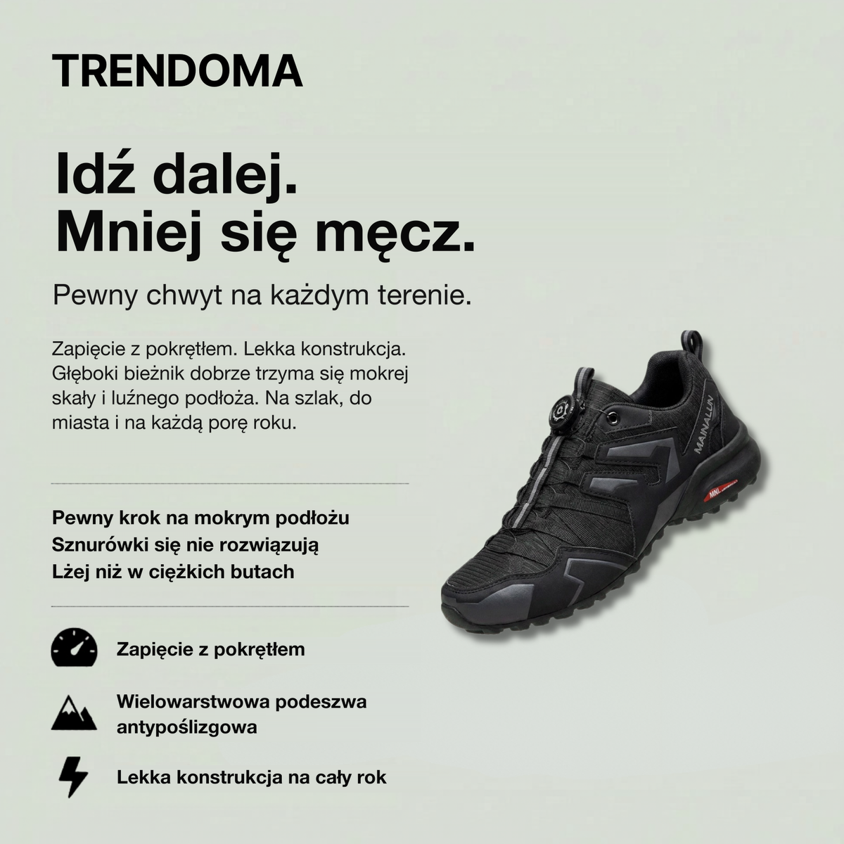 Buty trekkingowe TRENDOMA z zapięciem na pokrętło – antypoślizgowa podeszwa, lekka konstrukcja