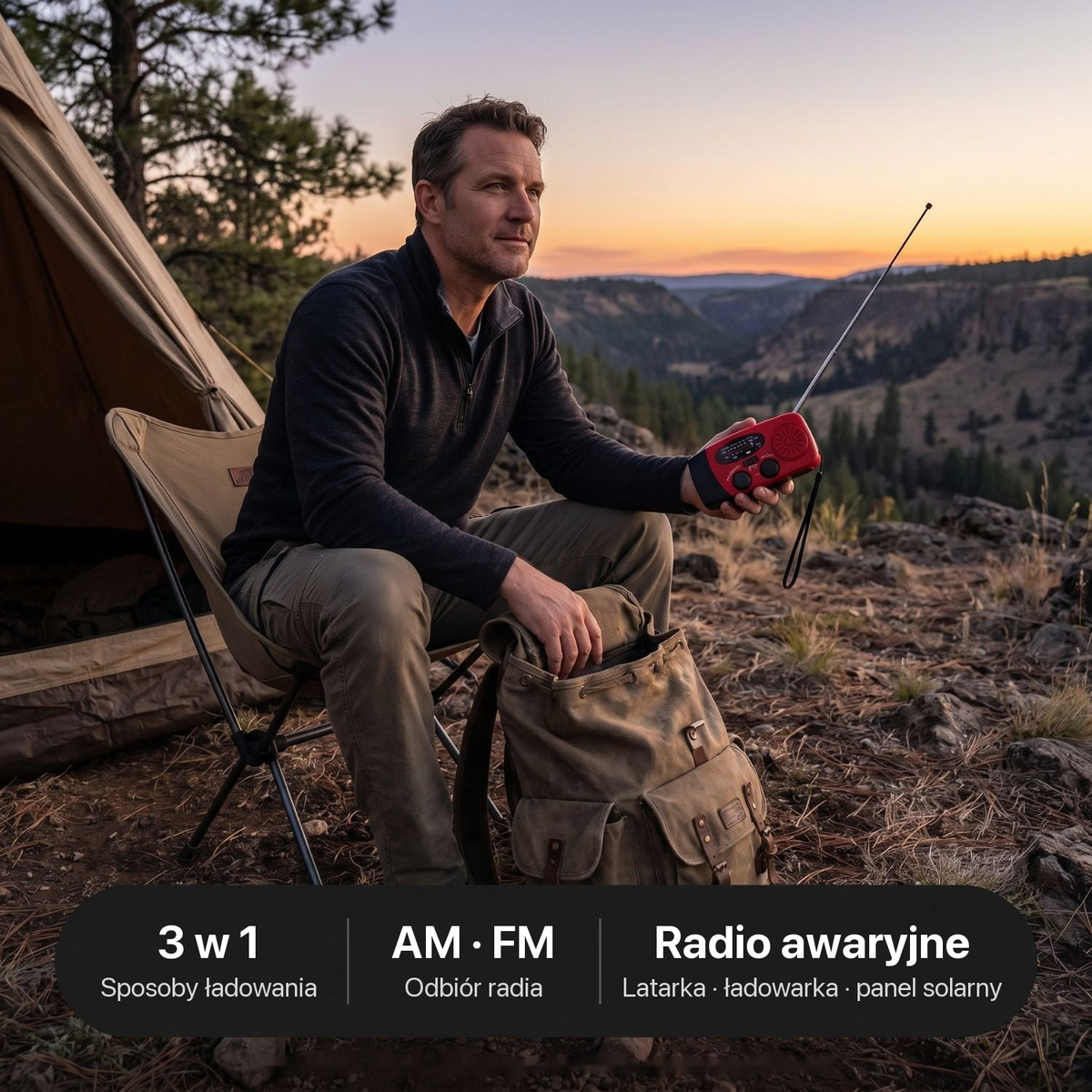 Radio awaryjne z korbką – 3 sposoby ładowania, odbiór AM/FM, latarka, ładowarka i panel solarny