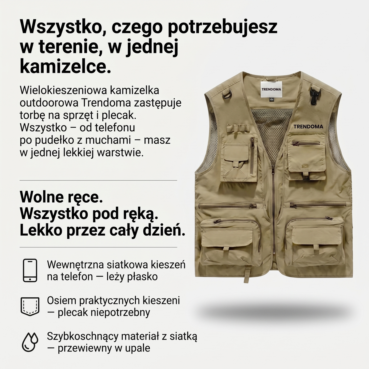 Kamizelka wędkarska outdoorowa – osiem kieszeni, siatkowa kieszeń na telefon, szybkoschnący materiał