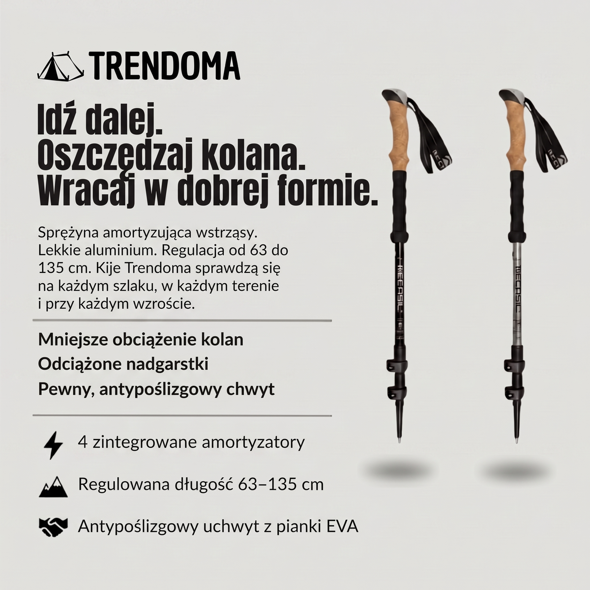 Kije trekkingowe z amortyzacją – regulacja 63–135 cm, uchwyt z pianki EVA