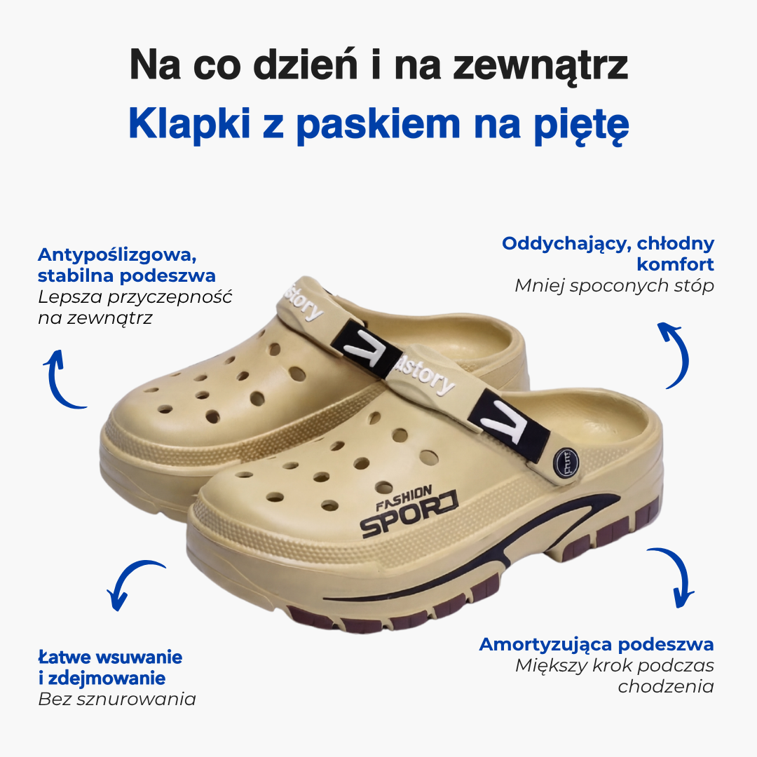 Klapki z paskiem na piętę – antypoślizgowa i amortyzująca podeszwa, łatwe wsuwanie
