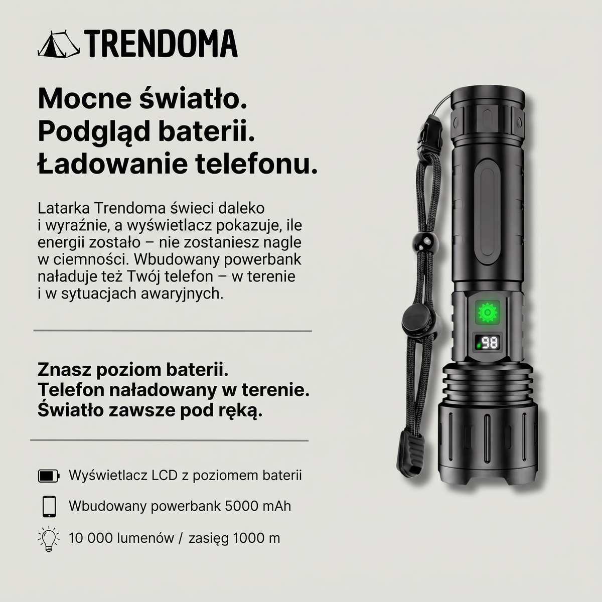 Latarka LED z wyświetlaczem LCD i powerbankiem 5000 mAh – 10 000 lumenów, zasięg 1000 m