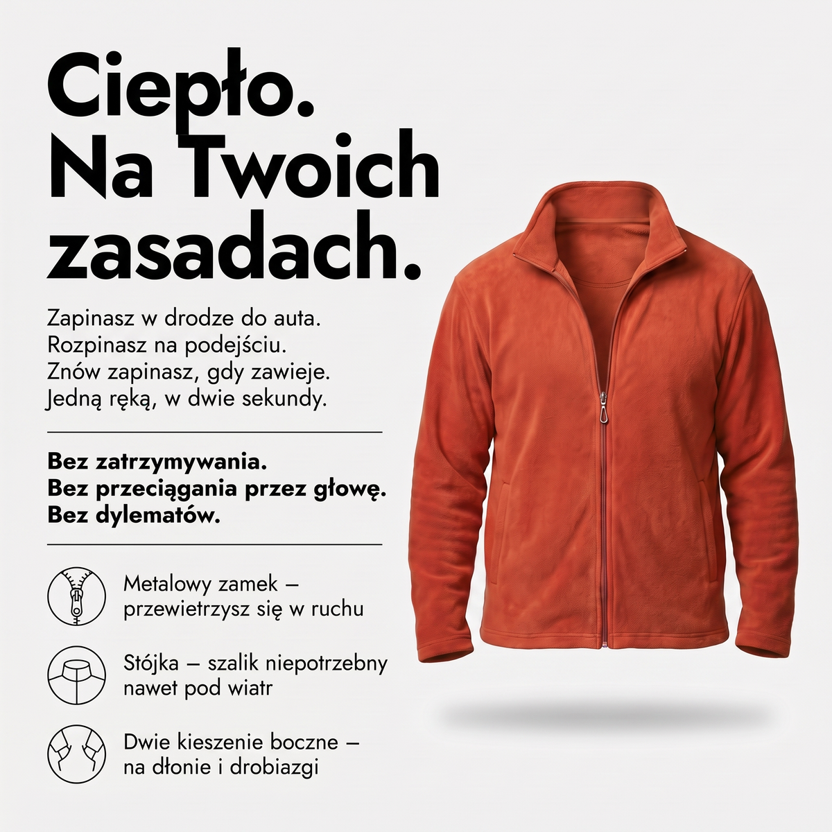 Kurtka polarowa męska ze stójką – metalowy zamek, kieszenie boczne