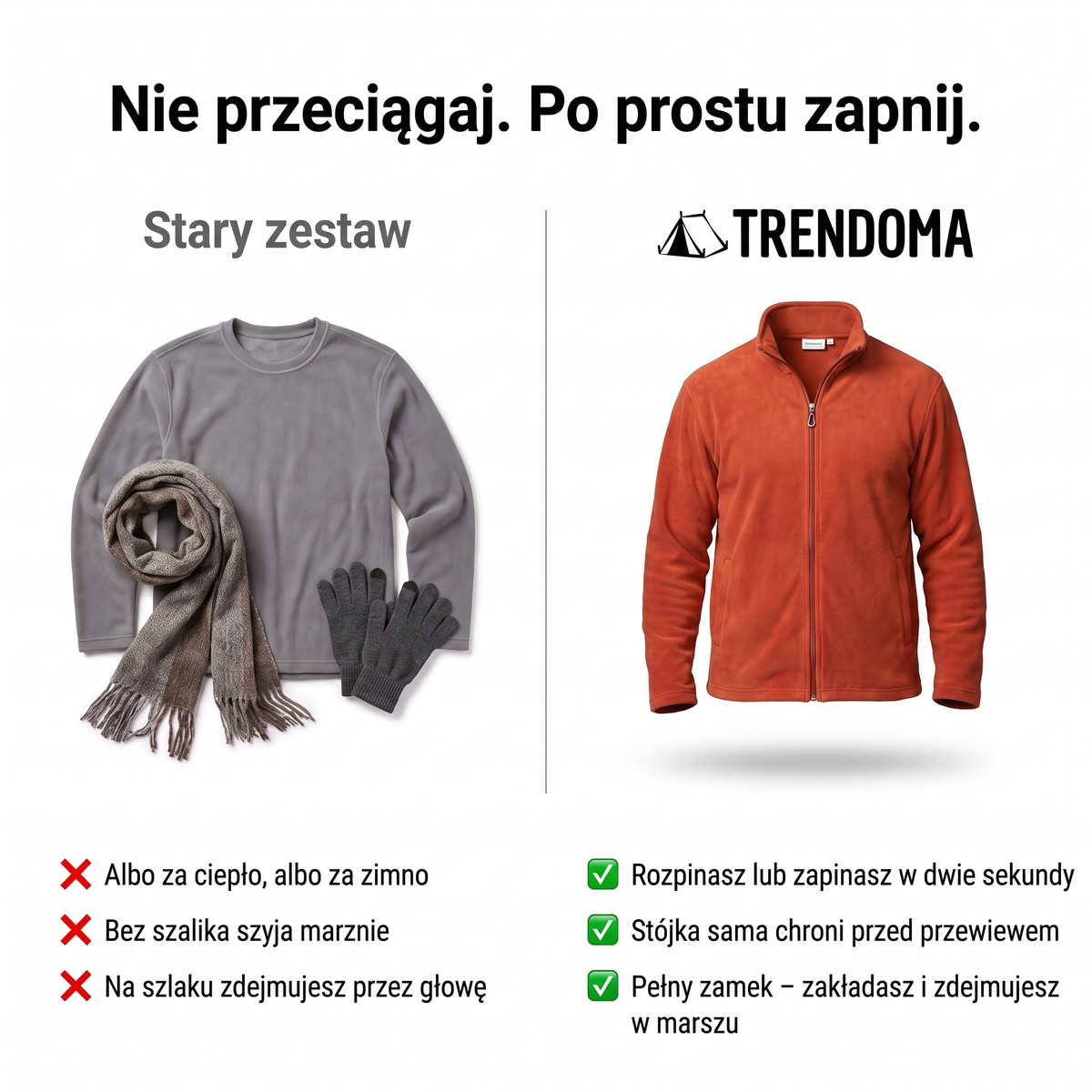 Kurtka polarowa męska z pełnym zamkiem vs sweter i szalik – porównanie