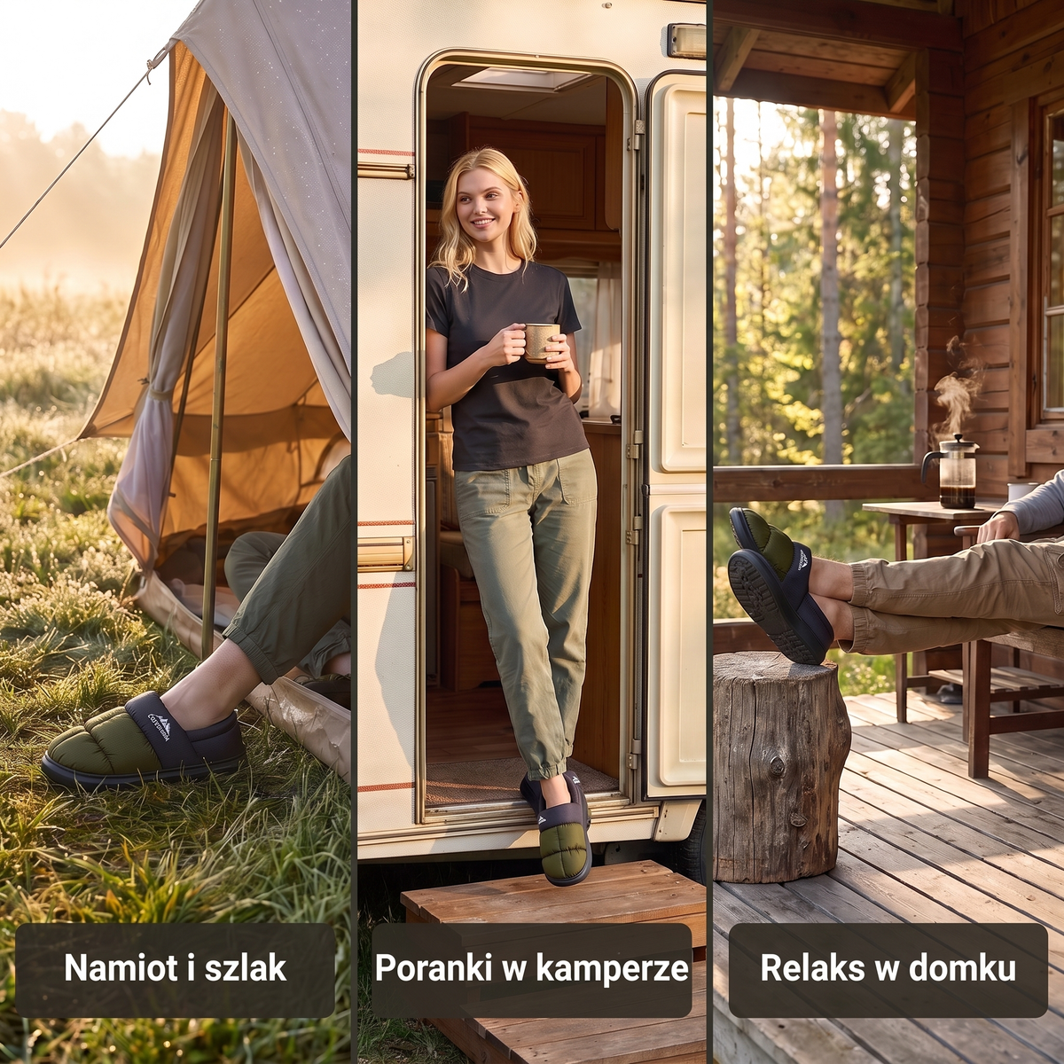 Kapcie kempingowe w namiocie, w kamperze i w drewnianym domku