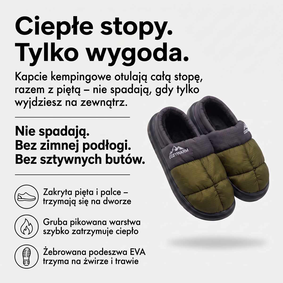 Kapcie kempingowe pikowane – zakryta pięta, ocieplenie, podeszwa EVA