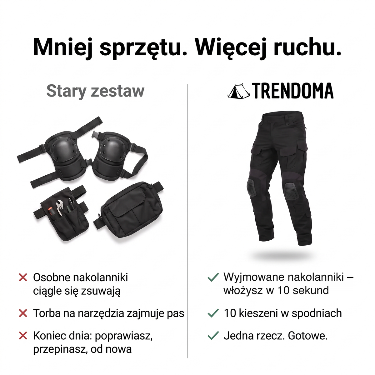 Porównanie: osobne nakolanniki i torba a spodnie taktyczne z nakolannikami