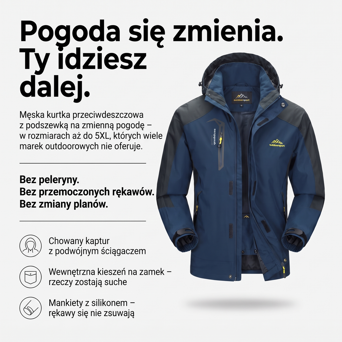 Kurtka przeciwdeszczowa męska z podszewką – chowany kaptur, kieszeń wewnętrzna, mankiety z silikonem