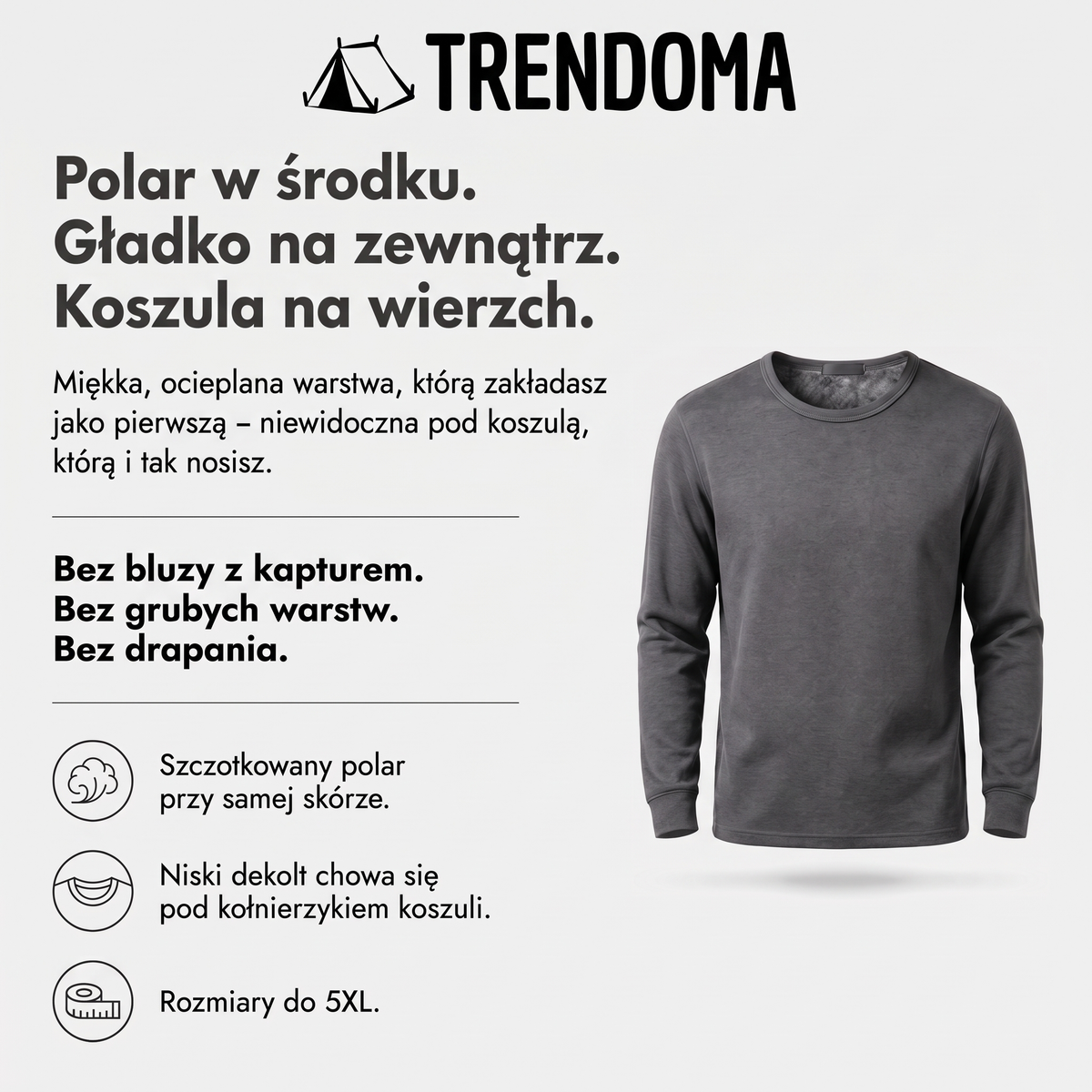 Koszulka termoaktywna z polarem – niski dekolt pod koszulę, rozmiary do 5XL