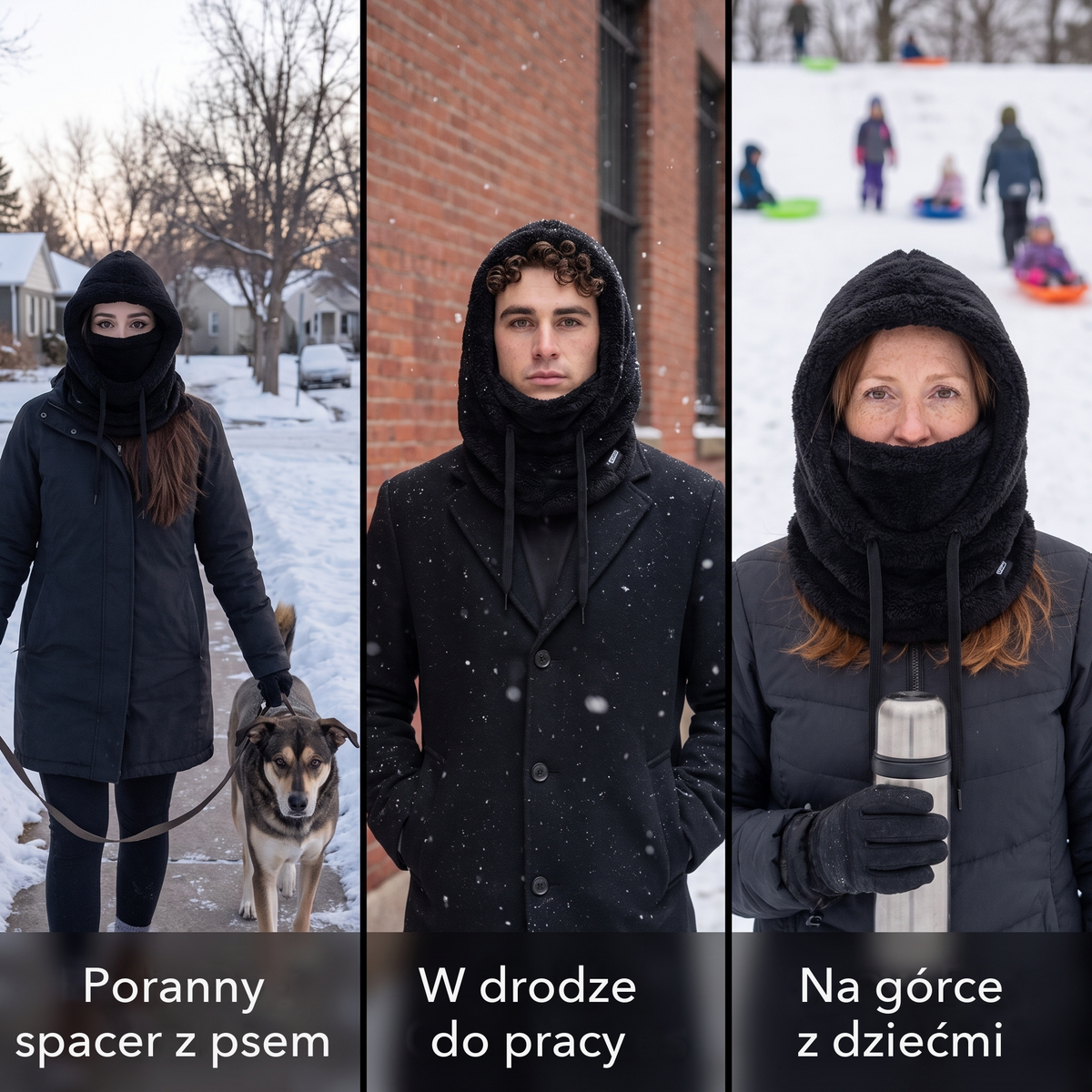 Kominiarka z kapturem – poranny spacer z psem, w drodze do pracy, na górce z dziećmi