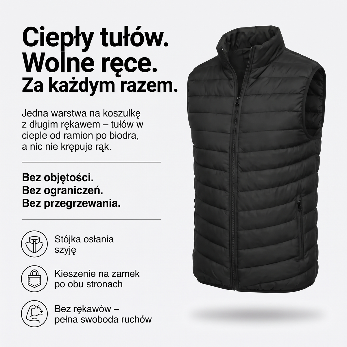 Bezrękawnik męski ocieplany ze stójką – ciepły tułów, wolne ręce