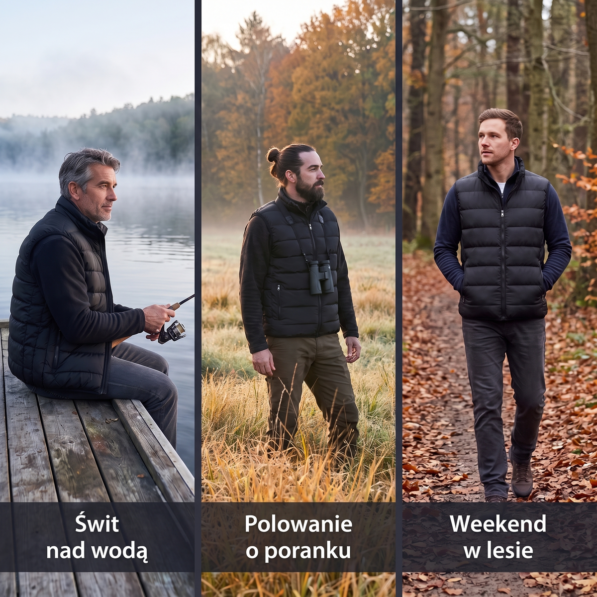 Bezrękawnik męski pikowany na ryby, polowanie i spacer po lesie
