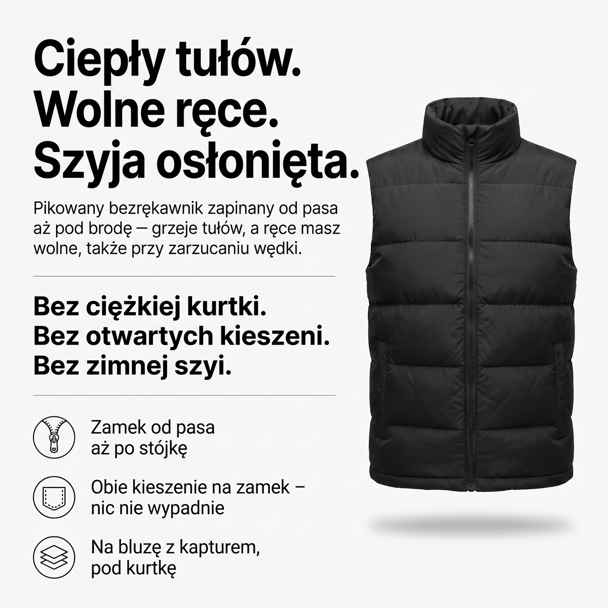 Bezrękawnik męski pikowany – zamek od pasa po stójkę, kieszenie na zamek