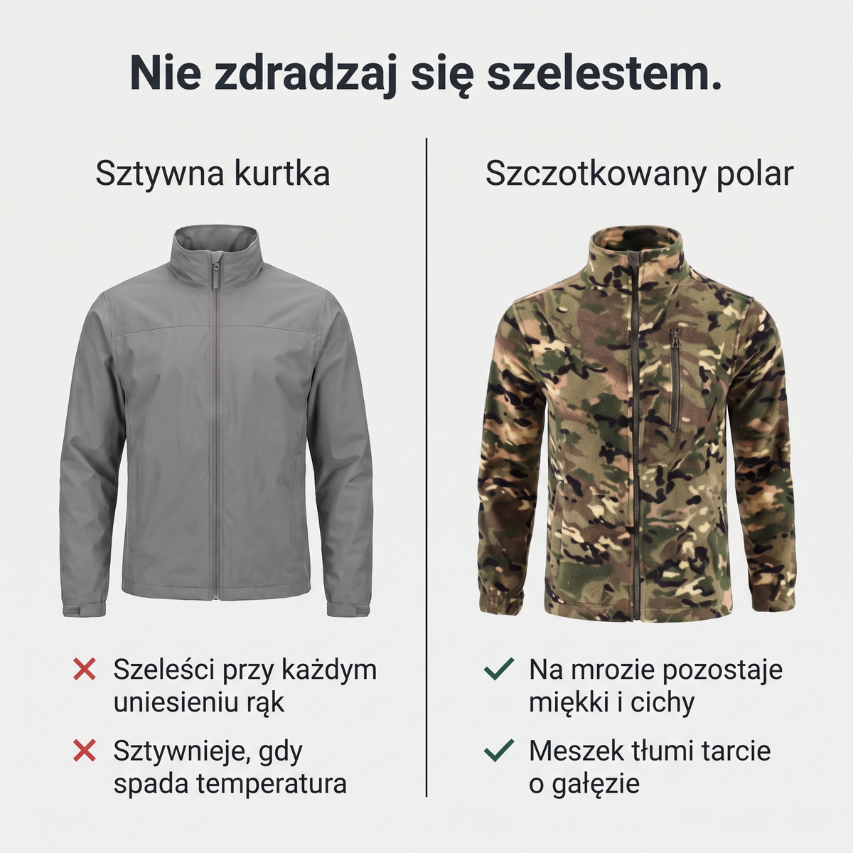 Polar moro męski vs sztywna kurtka – cichy, szczotkowany polar