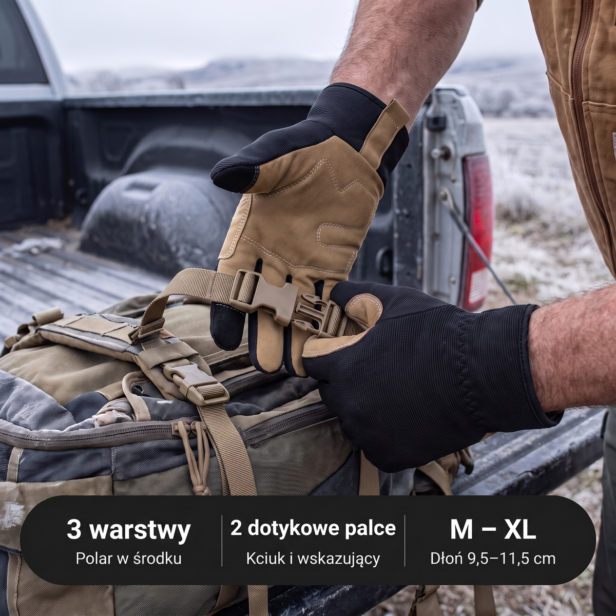Rękawice taktyczne – 3 warstwy, 2 dotykowe palce, rozmiary M–XL