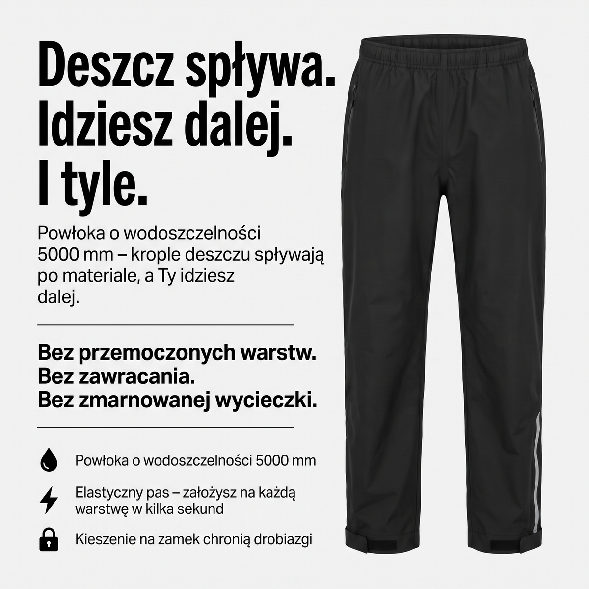 Spodnie przeciwdeszczowe damskie – powłoka 5000 mm, elastyczny pas, kieszenie na zamek