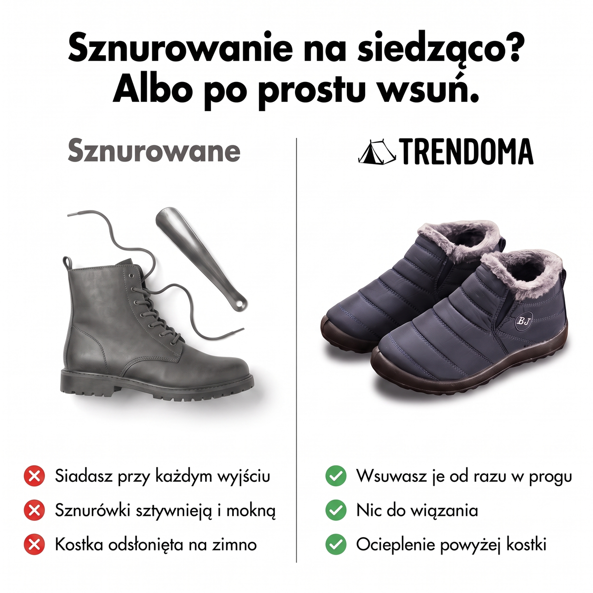 Porównanie: sznurowane buty a wsuwane śniegowce z ociepleniem