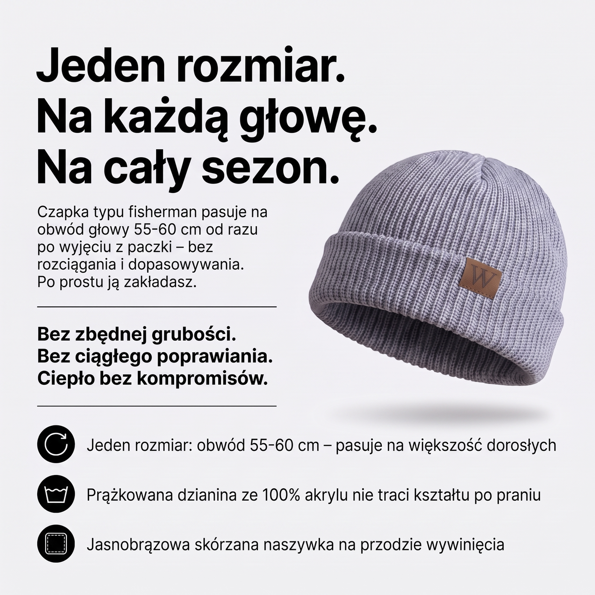 Czapka dokerka prążkowana – jeden rozmiar 55-60 cm, 100% akryl, skórzana naszywka