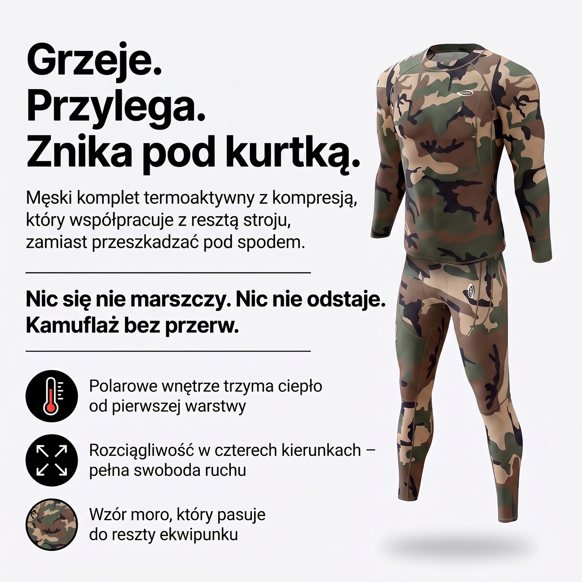 Komplet termoaktywny moro – kompresja, rozciągliwość w czterech kierunkach