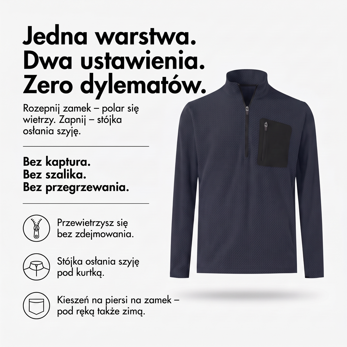 Polar męski half zip ze stójką i kieszenią na piersi na zamek