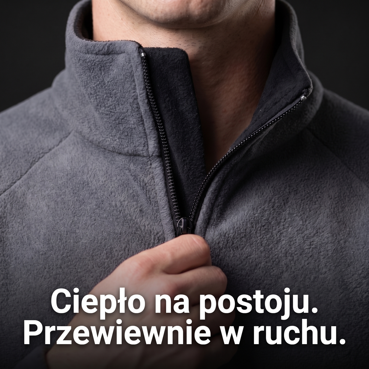 Polar męski ze stójką – zamek przy szyi, zbliżenie