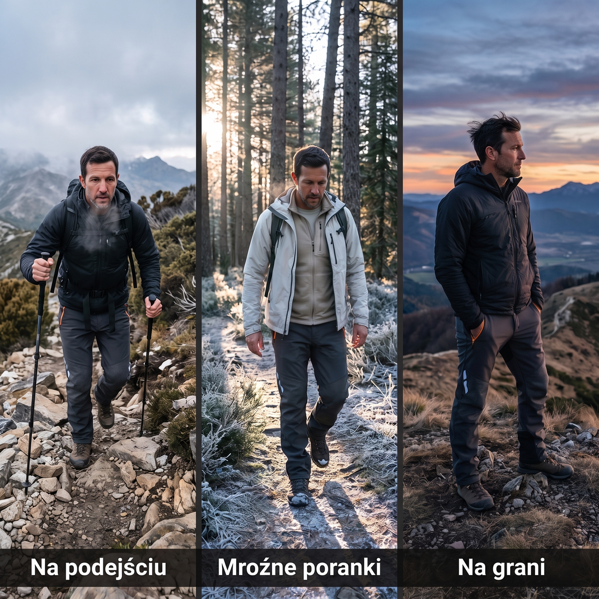 Spodnie trekkingowe męskie softshell na szlaku – podejście, mroźny poranek, grań