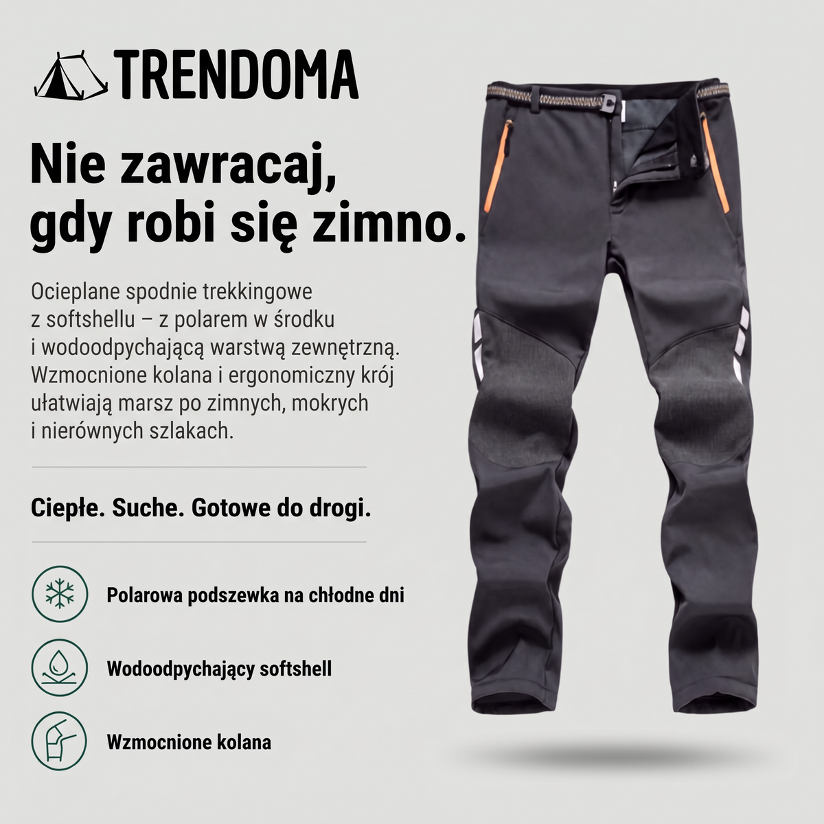 Ocieplane spodnie trekkingowe z softshellu – polarowa podszewka i wzmocnione kolana