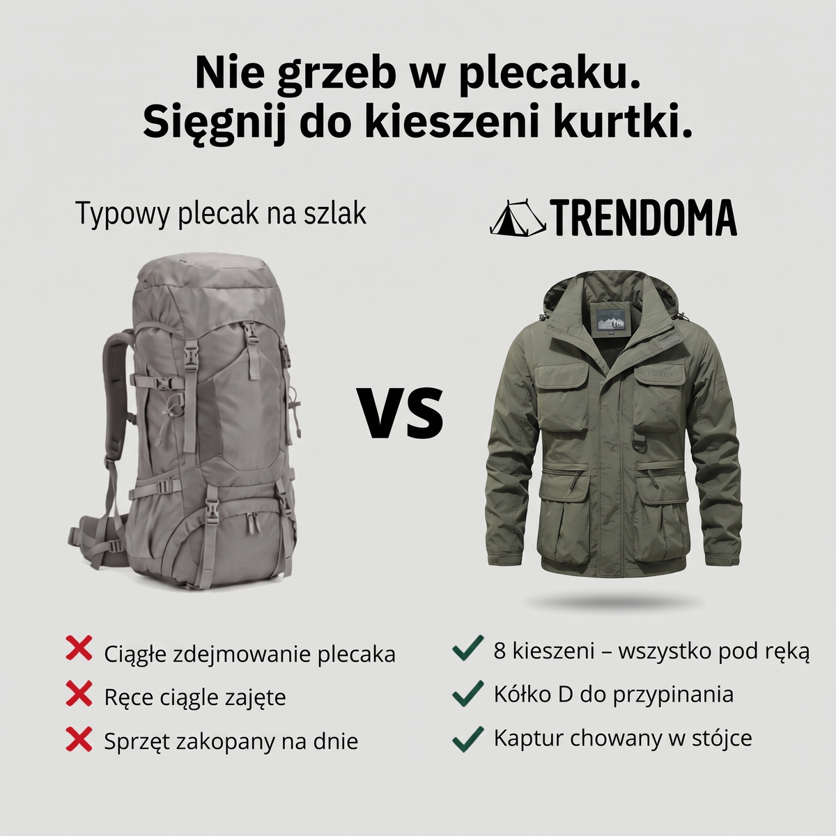 Kurtka taktyczna z ośmioma kieszeniami zamiast plecaka – porównanie