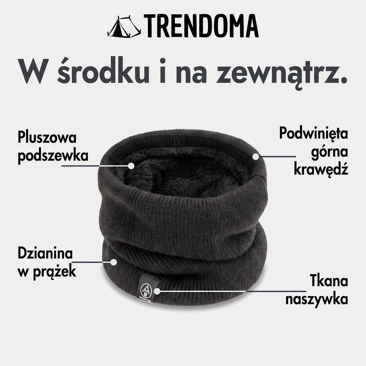 Komin z pluszową podszewką i dzianiną w prążek – detale