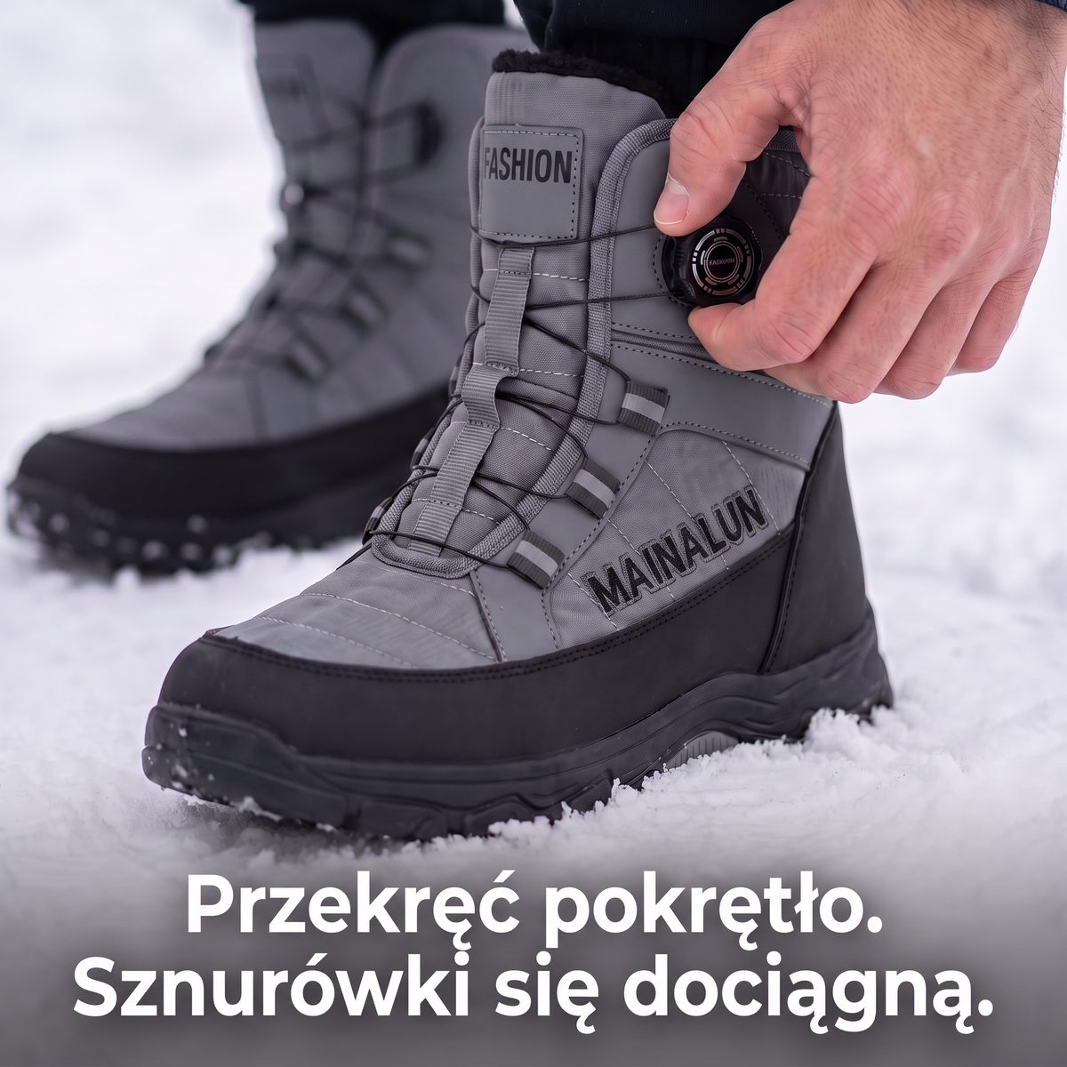 Zapinanie butów zimowych pokrętłem