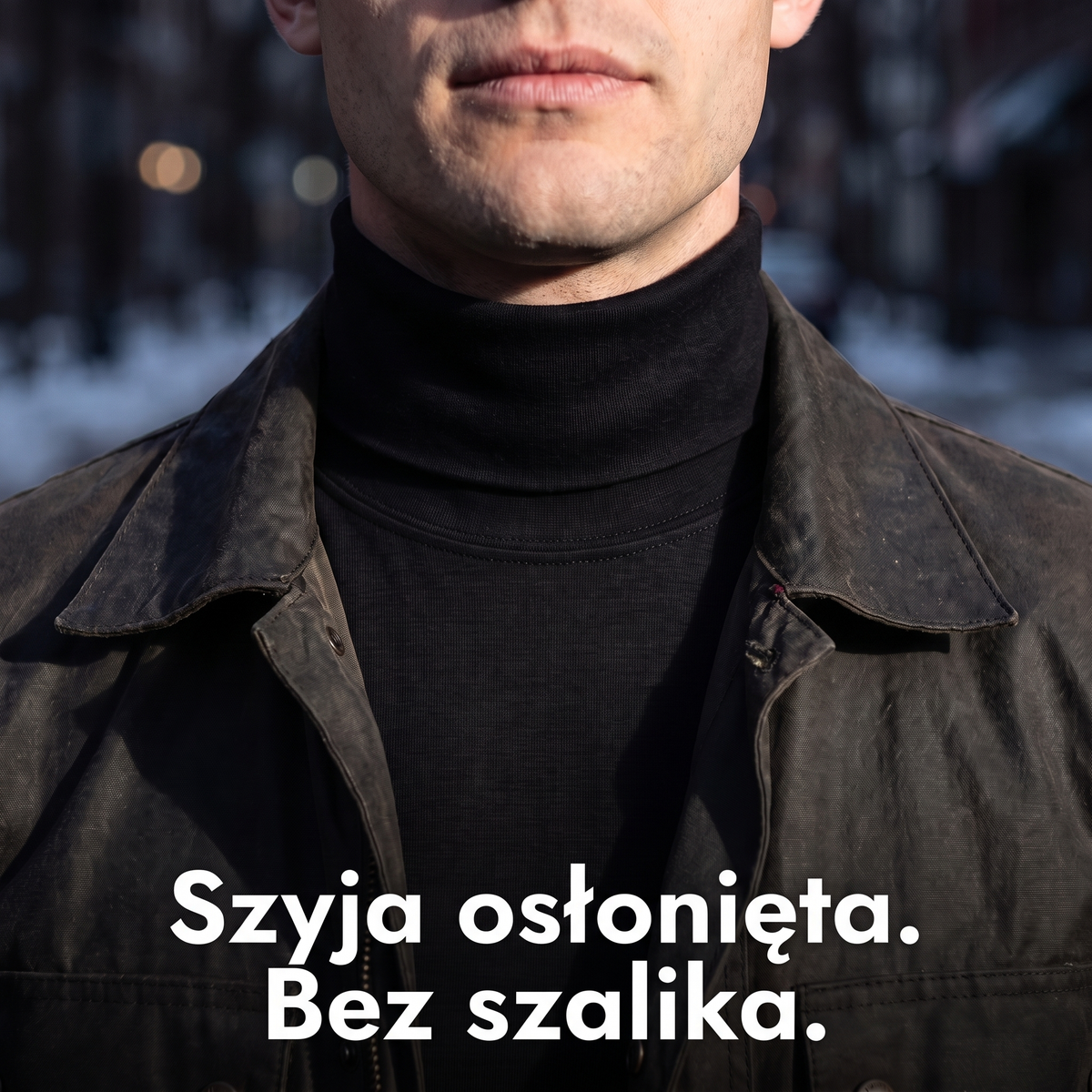 Czarny golf męski pod kurtką – szyja osłonięta bez szalika