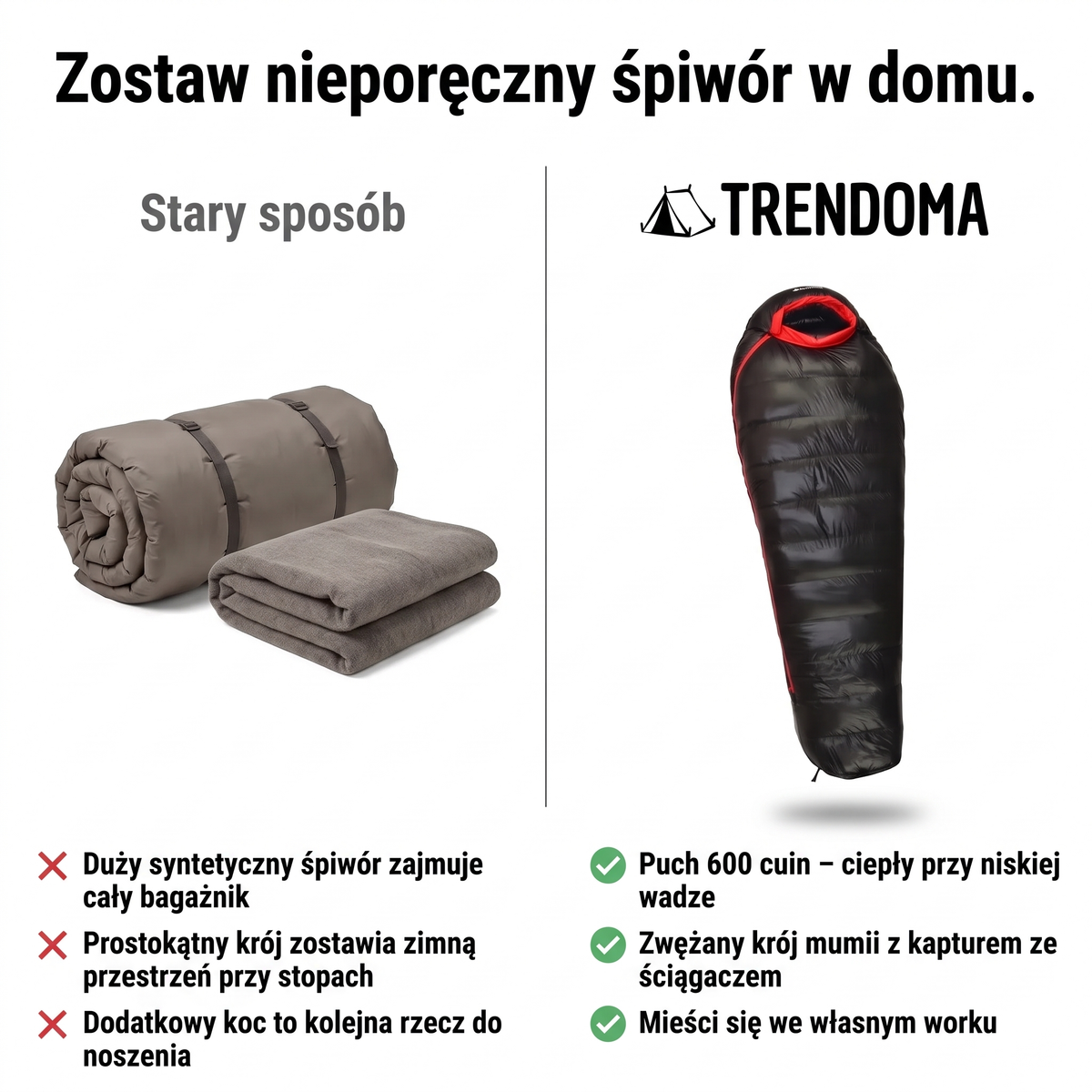 Śpiwór puchowy w porównaniu z dużym syntetycznym śpiworem