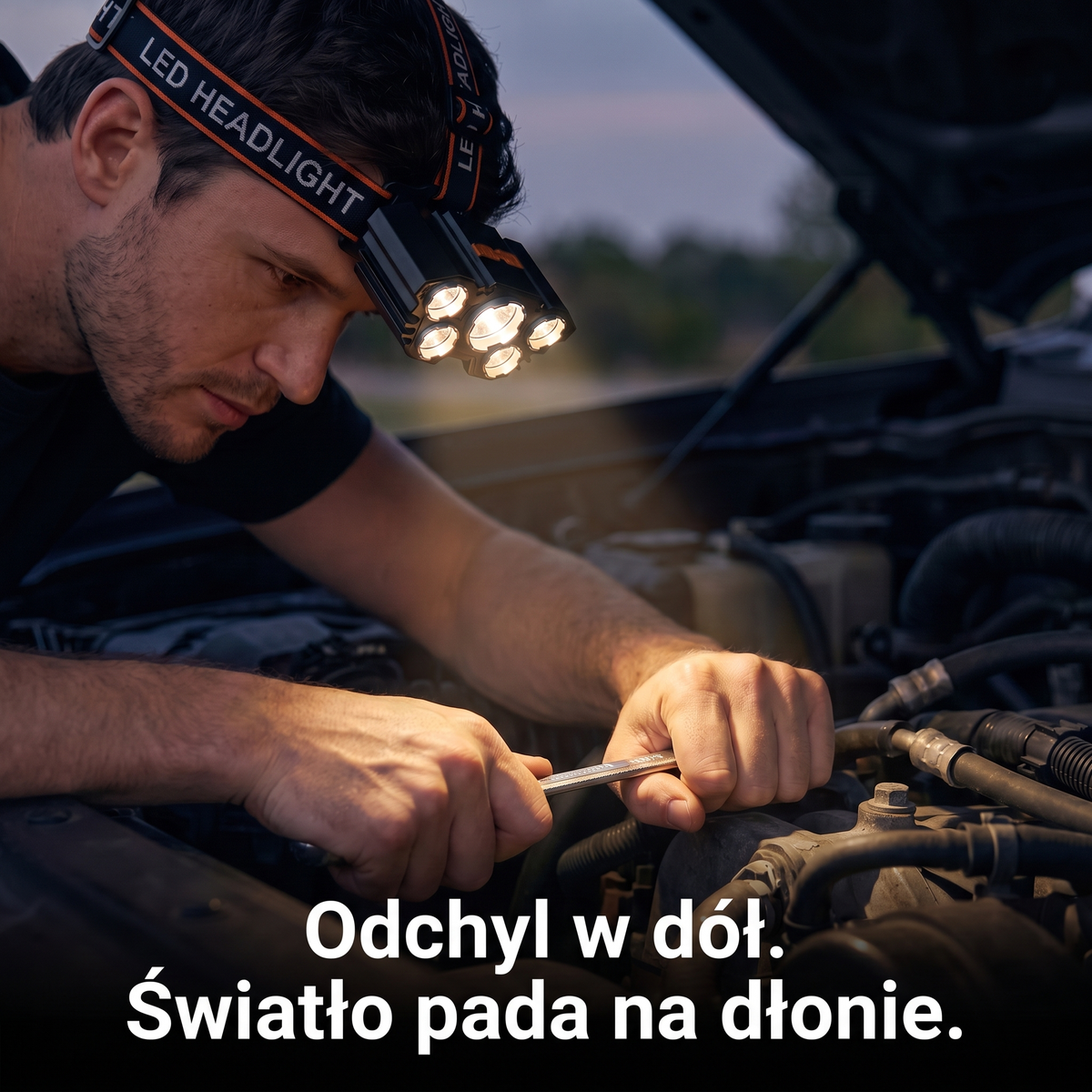 Latarka czołowa odchylona w dół podczas naprawy auta