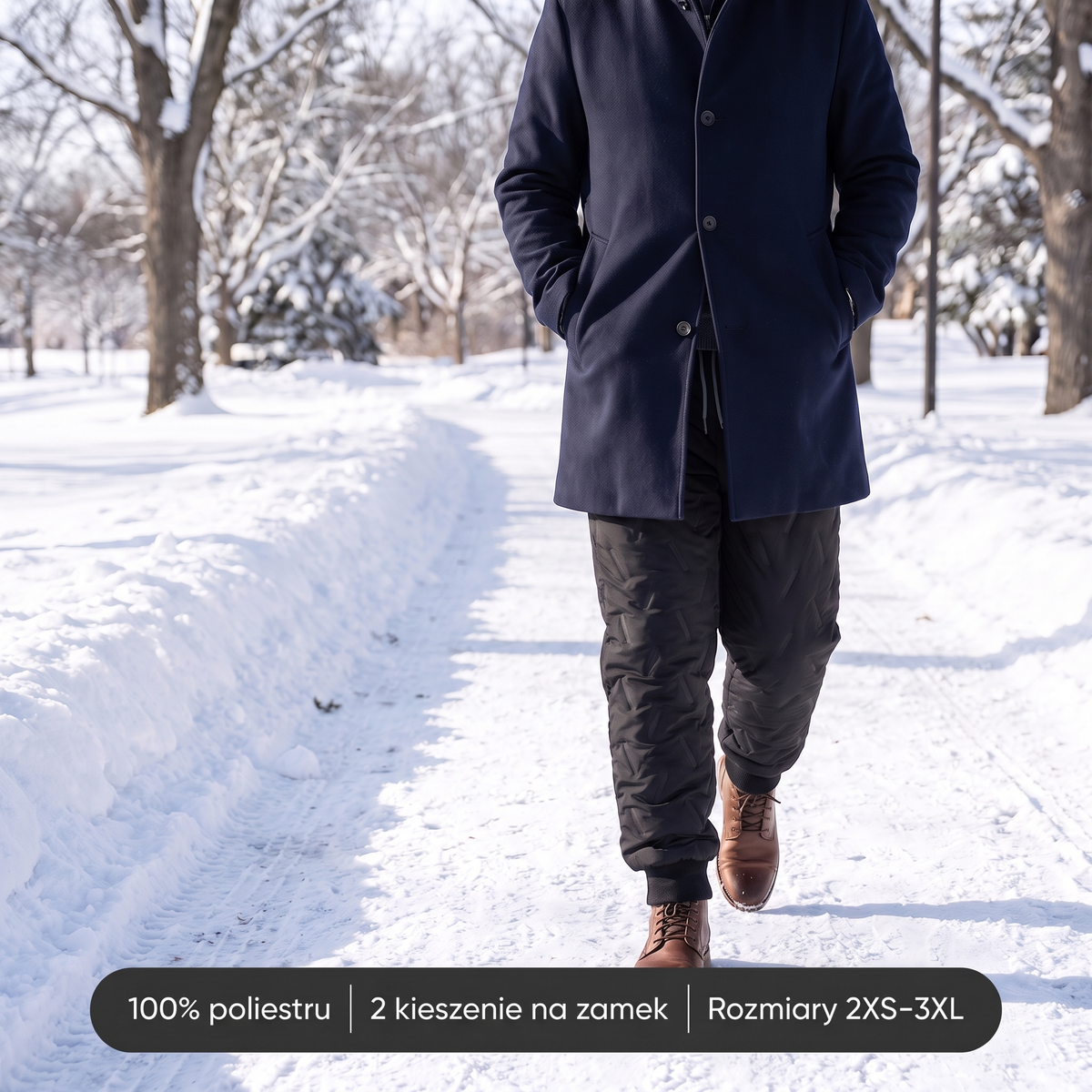 Joggery męskie zimowe – 100% poliestru, 2 kieszenie na zamek, 2XS–3XL