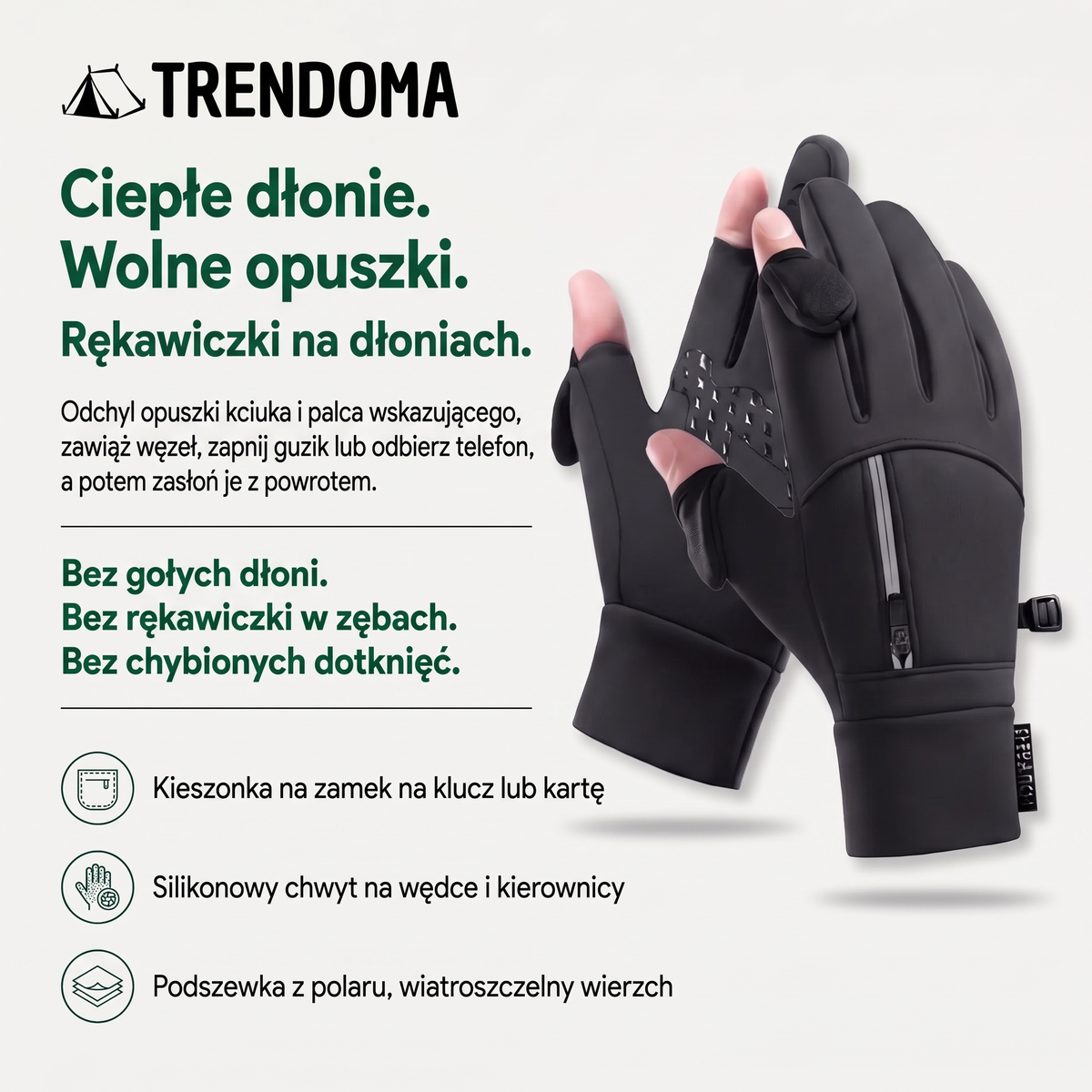 Rękawiczki zimowe wędkarskie – odchylane opuszki, kieszonka na zamek, polar
