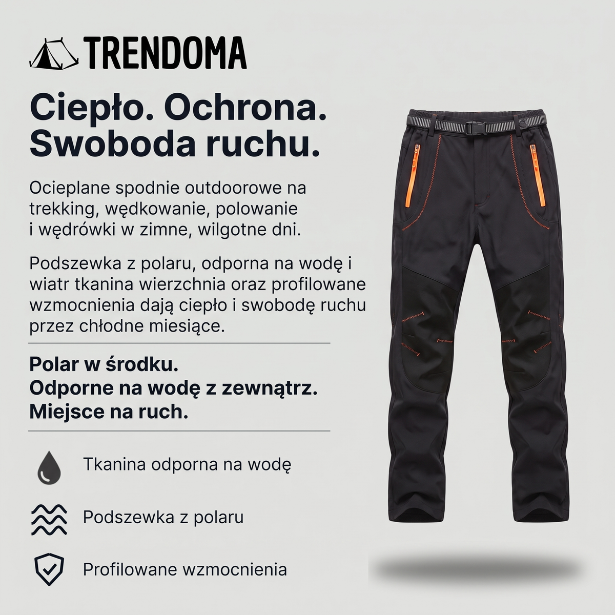 Spodnie trekkingowe ocieplane z polarem – odporna na wodę tkanina i wzmocnienia