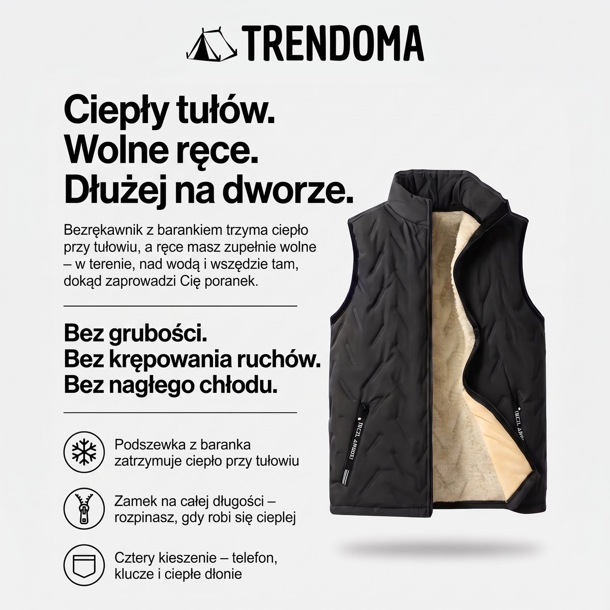 Bezrękawnik męski z barankiem – zamek na całej długości i cztery kieszenie