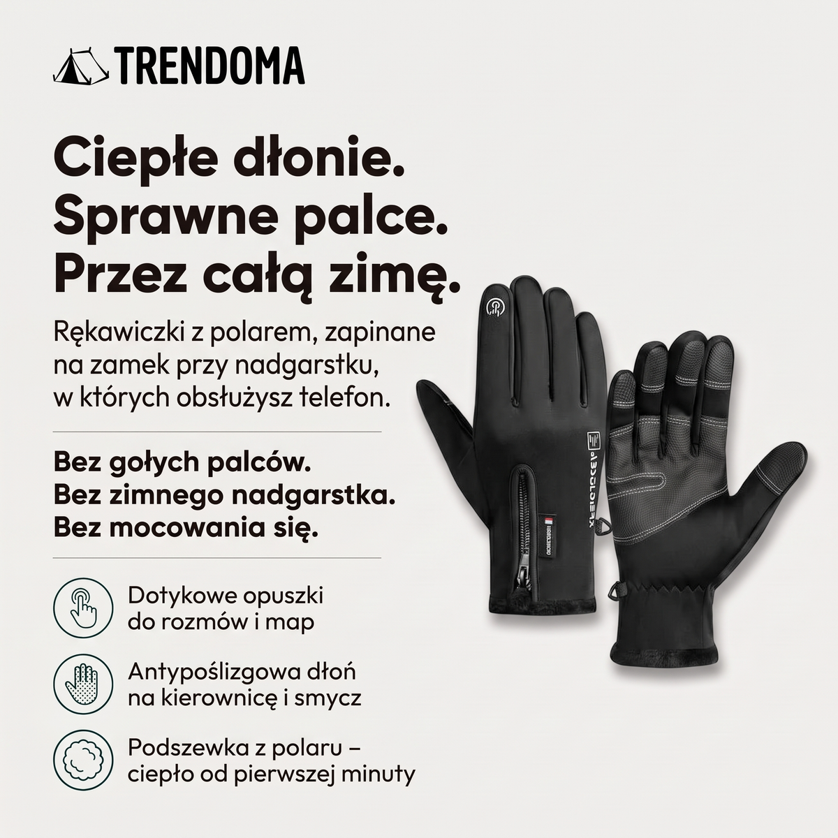 Rękawiczki zimowe dotykowe z polarem i zamkiem przy nadgarstku