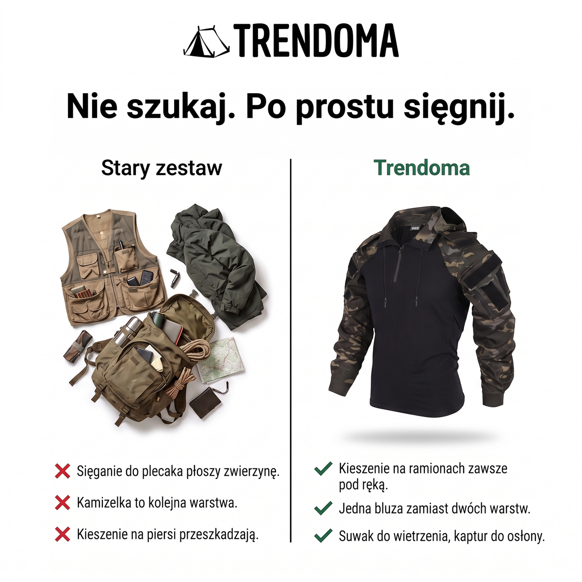 Bluza myśliwska z kieszeniami na ramionach zamiast kamizelki i plecaka