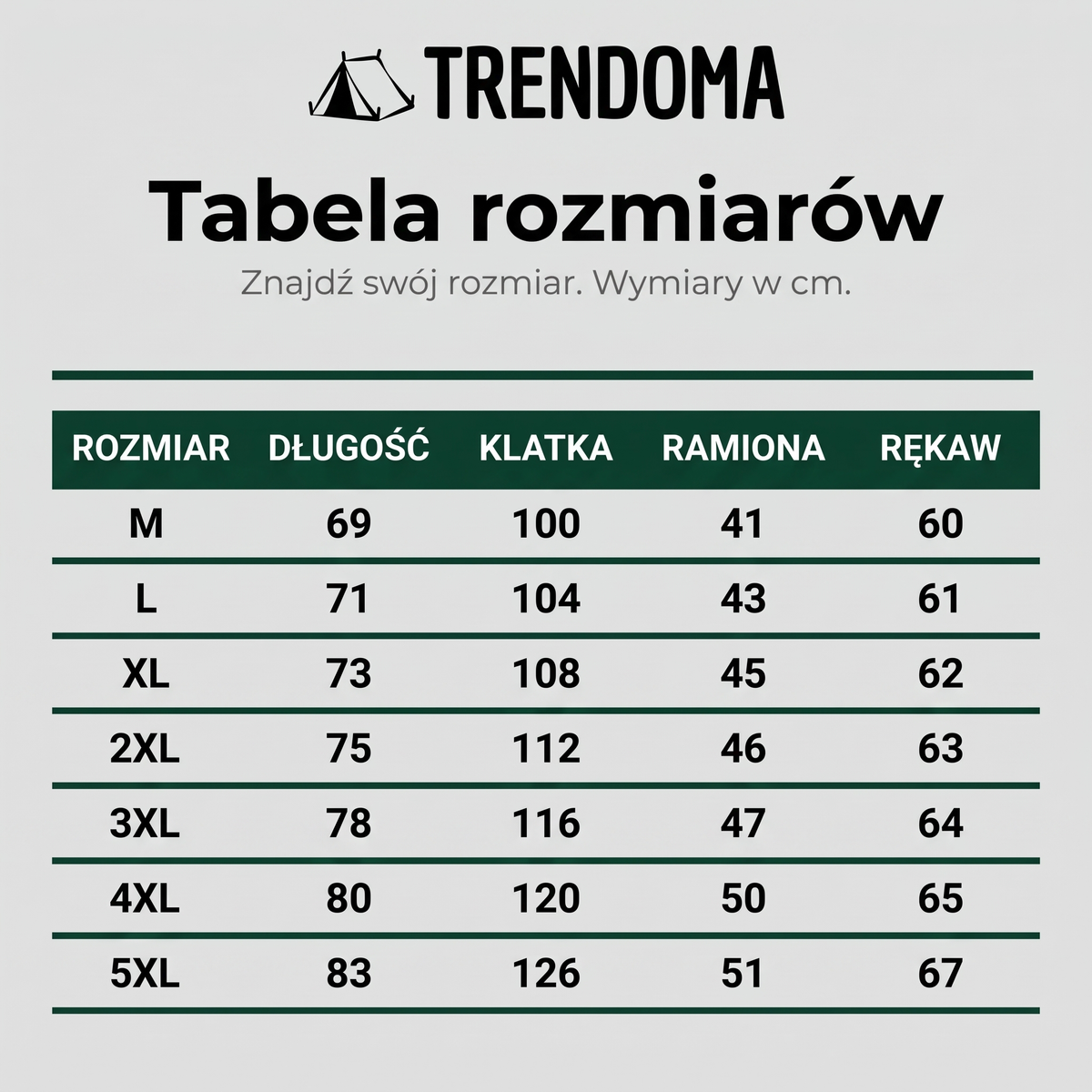 Tabela rozmiarów kurtki taktycznej w cm