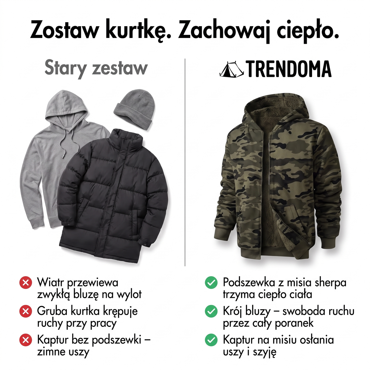 Bluza moro na misiu sherpa zamiast zwykłej bluzy i grubej kurtki